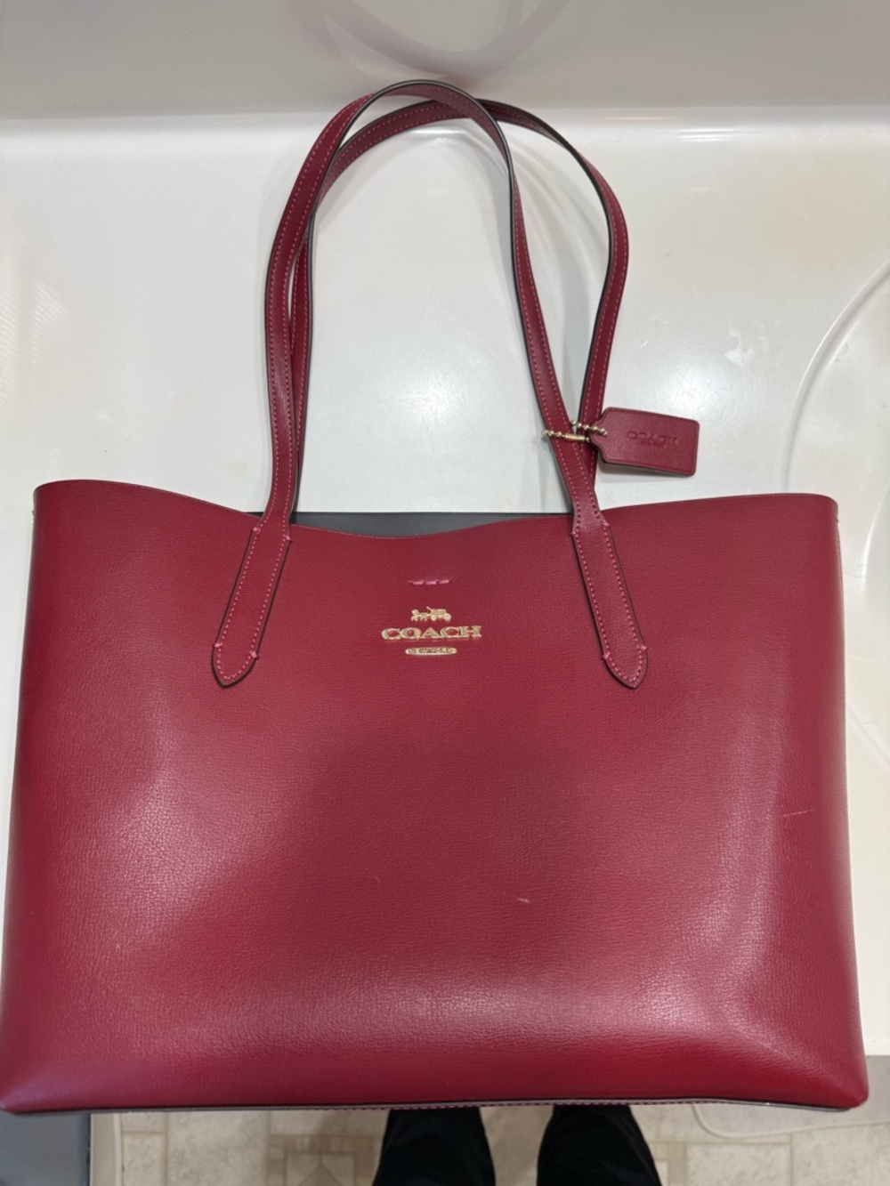 Coach Cherry Red Leather Tote Bag with Gold Hardware Structured Shoulder Purse